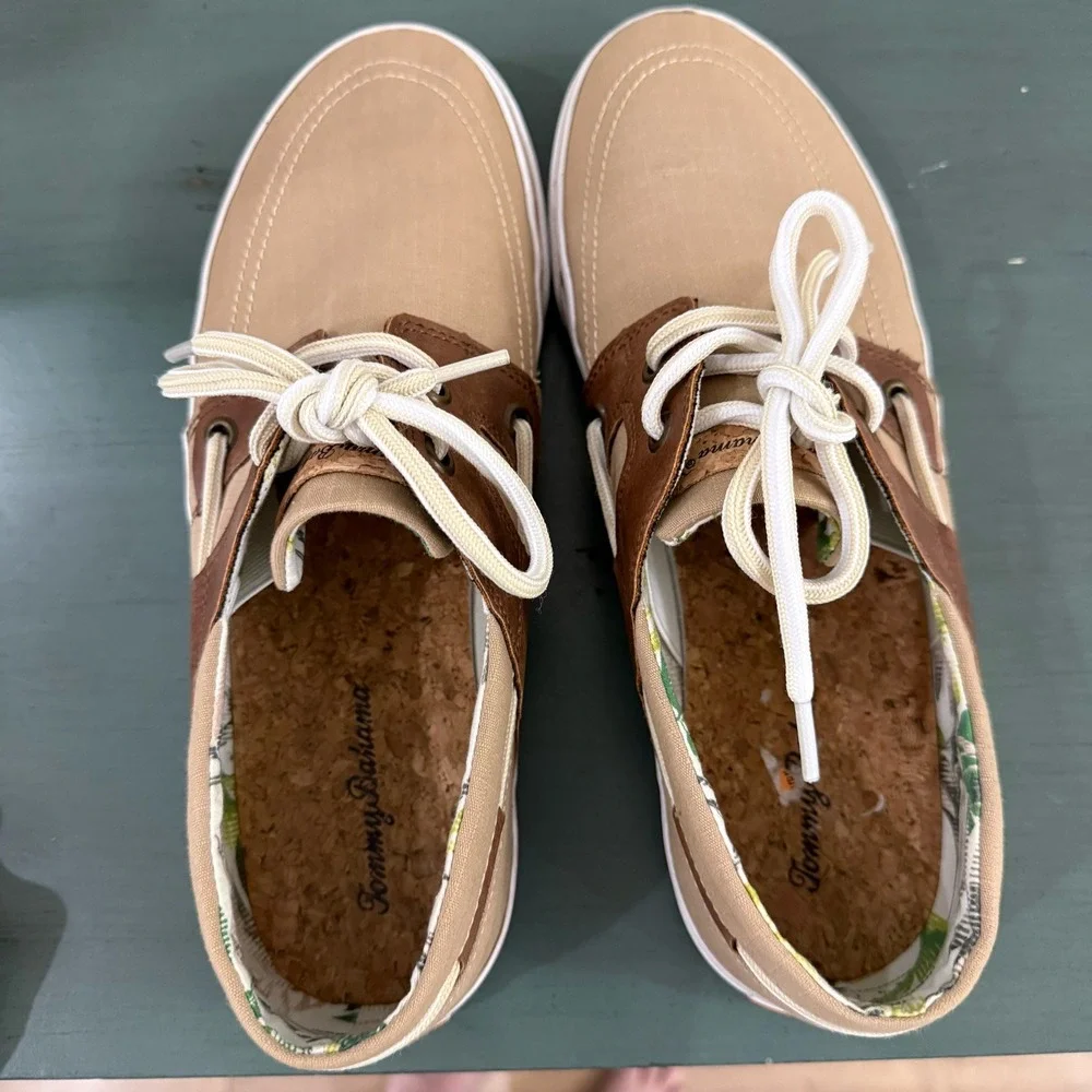 Tommy Bahama Mens Tan Canvas Brown Leather Boat Shoes‎ Lace Up Casual Size 8.5 D